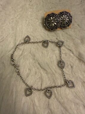 2 Piece Silver Heart Charm Bracelet and Floral Earrings